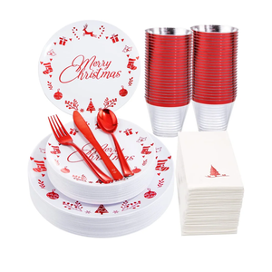 Liacere 175PCS Red and White Disposable Christmas Plastic Plates - Include 25 Dessert Plate, 25 Dinner Plates, 25 Knives, 25 Spoons, 25 Forks, 25 Cups, 25 Napkins for Christmas Party
