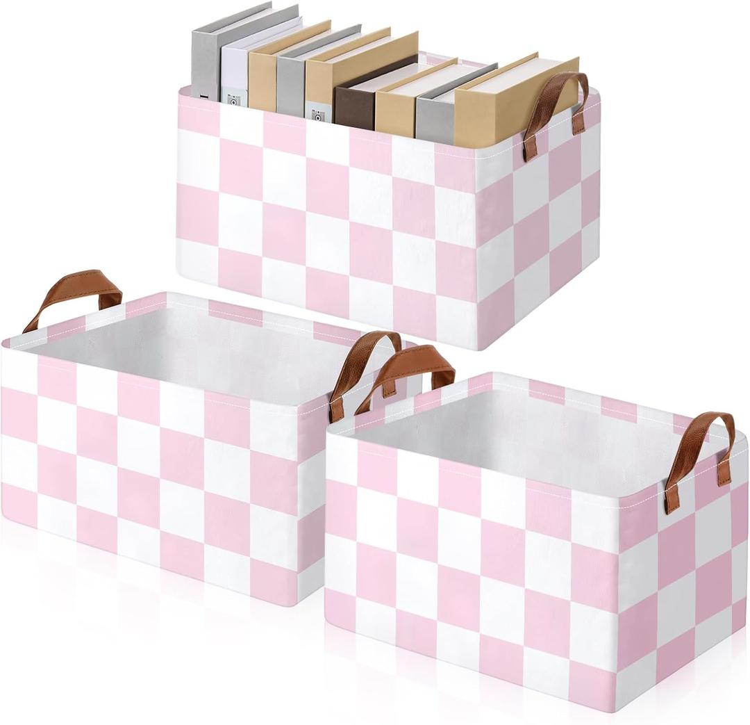 Boao 3 Pcs Checkered Basket Checkered Storage Bin with Handles Gingham Storage Bin Square Tote Laundry Basket Canvas Foldable Box for Home Office Bedroom Bathroom Clothes Cars(Pink)