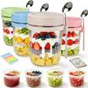 4Pcs Overnight Oats Containers with Lids and Spoons,16oz Glass Meal Prep Jars with Measurement Marks, Leak-Proof Breakfast Food Storage for Yogurt, Cereal, Salad, BPA-Free (4 Colors)