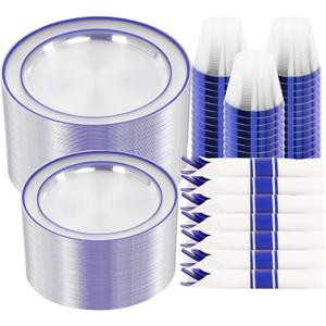 I00000 350 Pcs Blue Plastic Dinnerware Set for 50 Guests Include: 100 Blue Party Plates, 50 Pre Rolled Napkins with Cutlery Set, 50 Cups for Birthday, Wedding Party Graduation