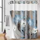 No Hook Rustic Farmhouse Shower Curtain with Snap in Fabric Liner Set, Blue Daisy Flowers and Butterfly on Wooden Double Layers Waterproof with See Through Top Bath Curtain 71x74 Inch