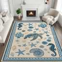 8x10 Area Rug for Living Room Coastal Nautical Rug Machine Washable Sea Turtle Starfish Seashell Coral Rugs Non Slip Low Pile Large Dining Room Indoor Floor Carpet for Bedroom Office,Blue