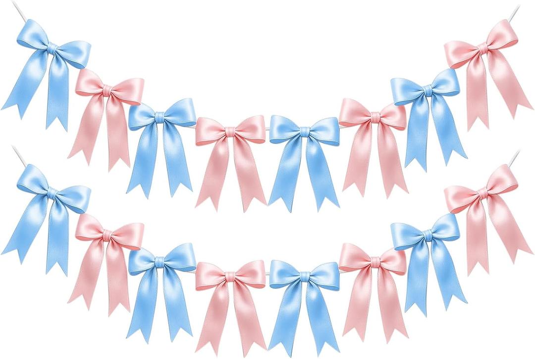 2 Strings of 16PCS Baby Pink&Baby Blue Bow Garlands Banner Decoration,Pre-Strung Satin Ribbon Ornaments for Gender Reveal Party,Baby Shower,Birthday,Bridal Shower,Graduation Decor,Anniversary,Wedding