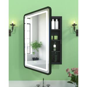 20x30 Inch Lighted Medicine Cabinet with Mirror, LED Bathroom Mirror with Storage Wall Mounted & Recessed Mounted, Anti-Fog, Dimmable 3 Lighting Colors, Memory Function, 3 Shelves & 1 Organizer, Black, Mirror 20"x30"/ With LED &Defogging