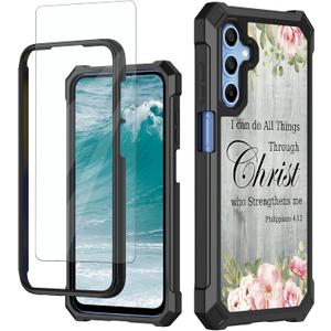 for Samsung Galaxy A16 5G Phone Case with Tempered Glass Screen Protector Dual Layer Soft TPU Hard PC Heavy Duty Shockproof Protective Cover Case for Samsung A16 5G, Bible Verse Philippians 4-13
