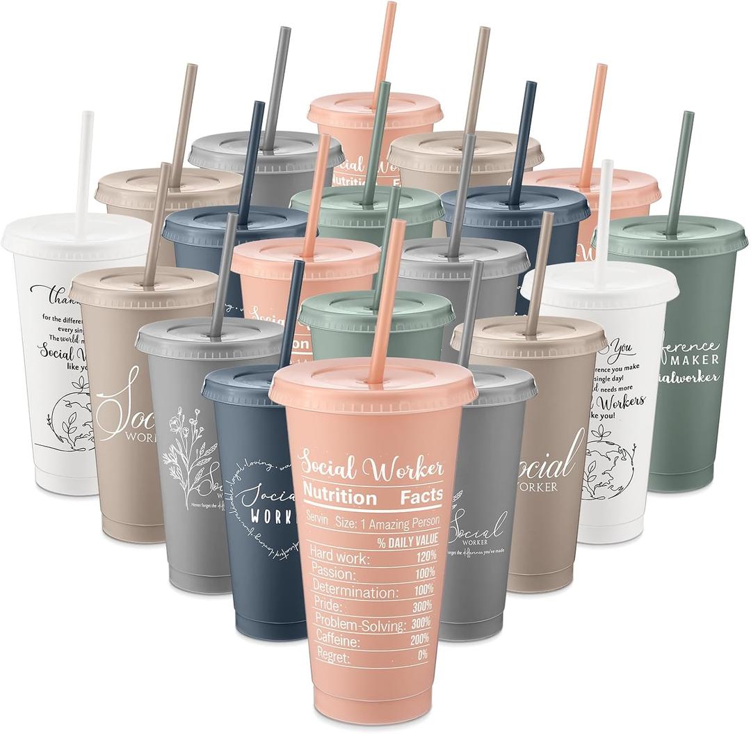 Feifeiya 24 Pcs Social Work Gifts 24 oz Thank You Plastic Cup with Lid Straw Graduation Gift for Bsw Msw Dsw Employees Student Team Teachers(Dark Color), Plastic cups: about 2.36 x 3.86 x 6.69 inches (EXP 11/24/32)