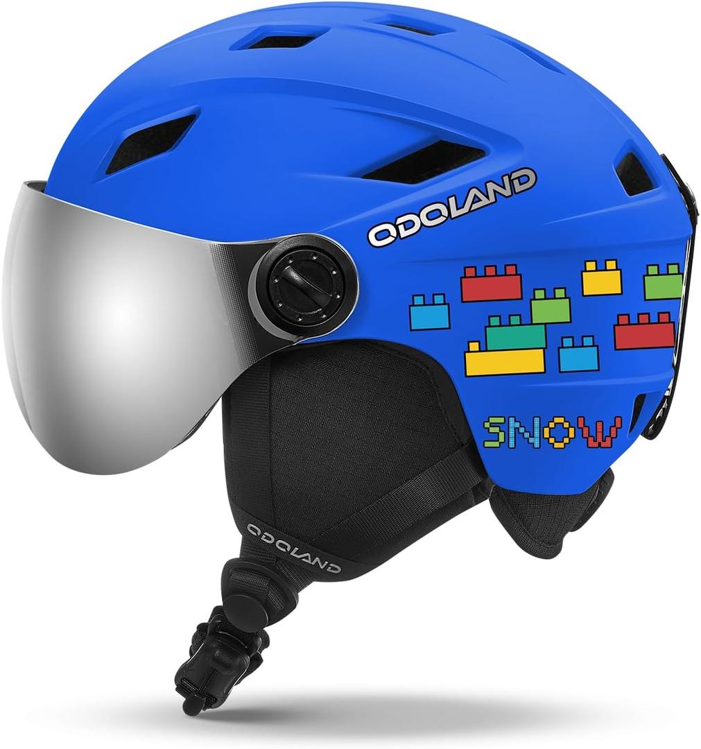 Odoland Kids Ski Helmet with 2-in-1 Visor Goggles for Boys & Girls, Adjustable Snowboard Helmet with Magnetic Buckle Strap for Children Ages 5-12 Skiing & Snowboarding (Matte Blue) S