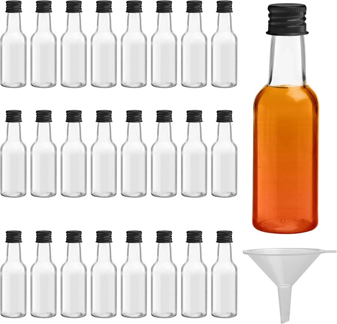 BELLE VOUS Small Liquor Bottles (24 Pack) - Reusable Plastic 150ml (5 fl oz) Empty Spirit Bottle with Black Screw Cap, Liquid Funnel for Easy Pouring, Filling - Bottles for Weddings & Parties