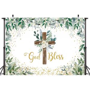Eucalyptus God Bless Backdrop Greenery Wooden Cross Baptism Photography Background Eucalyptus God Bless First Holy Communion Party Decoration(7×5FT)