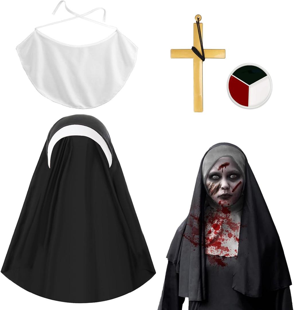 4 Pcs Halloween Nun Costume Accessories for Women, Nun Costume Hat Nun Collar Gold Cross Pendent Necklace Body Paints for Halloween Cosplay Women Fancy Dress Up, Nun Outfit, Halloween Party Props