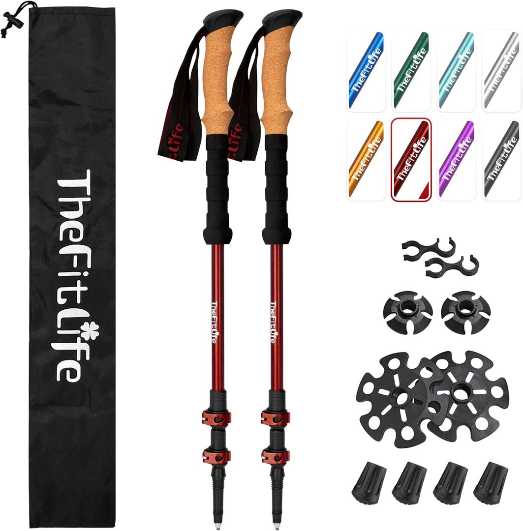 TheFitLife Trekking Poles - Lightweight 7075 Aluminum Hiking Sticks with Cork Grips, Adjustable Telescopic Design, Metal Flip Lock for Men & Women - Perfect for Hiking, Walking, Camping & Backpacking (Red)