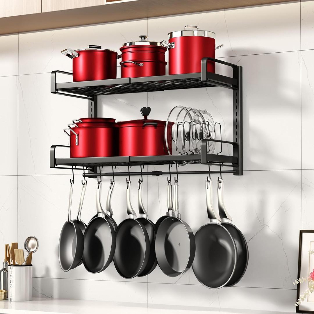 19"- 30" Expandable Hanging Pot Rack, 2 Tier Heavy Duty Wall Mounted Pots and Pans Organizer with 10 Hooks and 5 Pot Lid Holders, Pot Hanger Shelf for Kitchen Cookware Utensils Organizers and Storage (19" - 30")