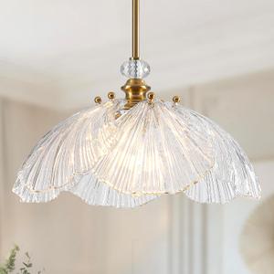 6-Petal White Floral Glass Pendant Light Fixture - Vintage Shell Flower Chandelier with Gold Finish for Kitchen Island Dining Room Bedroom