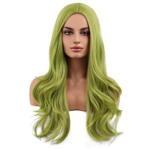 MAGQOO Green Wig for Women Long Curly Wavy Green Wigs Middle Part Synthetic Heat Resistant Fiber Halloween Cosplay Costume Daily Party Use