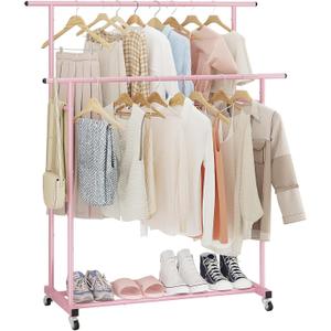 Calmootey Double Rod Clothing Garment Rack,Rolling Hanging Clothes Rack,Portable Clothes Organizer for Bedroom,Living Room,Clothing Store,Pink