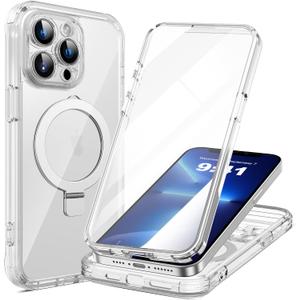 3 x for iPhone 13 Pro Max Case with Invisible Magnetic Stand, Compatible with Mag-Safe Military-Grade Protection with Built-in Screen Protector, Shockproof Phone Case for Women Men, Clear