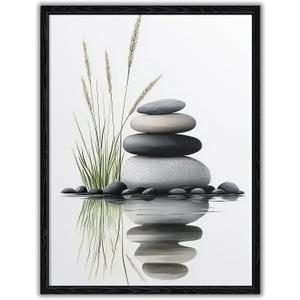 Beautiful Tranquil Zen Stacked Stones with Water Reflection Canvas Wall Art - Cozy Modern Minimalist Spa Decor for Bathroom Bedroom Office - HD Waterproof Stretched Framed Ready to Hang 16x24 Inches