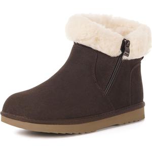 Hsyooes Snow Boots for Women Genuine Suede Leather Winter Boots Water Resistant Warm Booties Fur Lined Ankle Booties Fuzzy Classic Outdoor Coffee 38