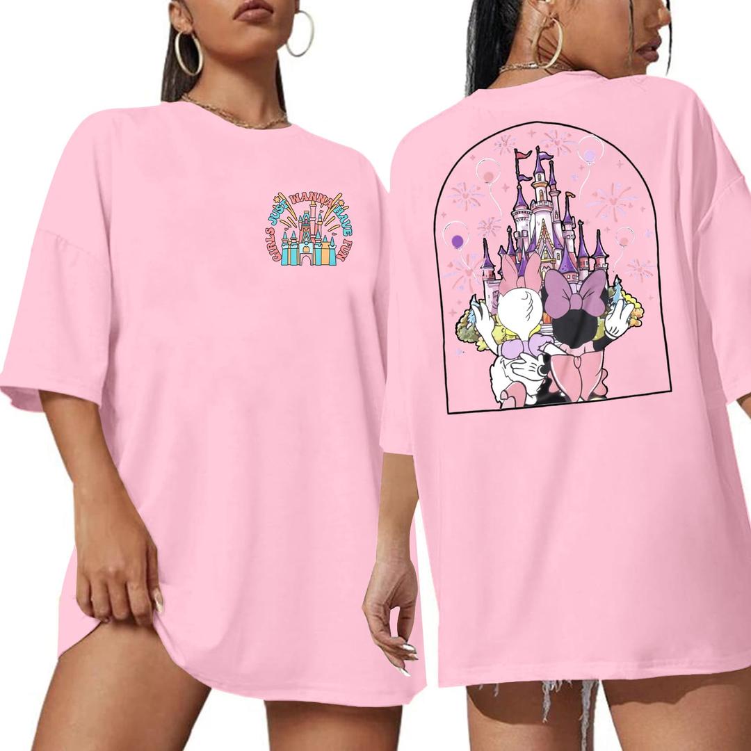 Magic Kingdom Shirt Women Girls Just Wanna Have Fun Shirt Girls Trip T-Shirt Cute Magical Tee Summer Vacation Tops L, Light Pink