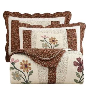vctops 3 Piece Embroidered Floral Quilted Bedspread Quilt Set 100% Cotton Reversible Patchwork Coverlet Set 1 Quilt and 2 Pillow Shams (Coffee,Queen)