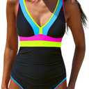 popvil One Piece Swimsuit Women 2025 Tummy Control Neon Color Block Bathing Suit Deep Vneck Tie Back Swim Suits Beach (Large, Black Blue-1)
