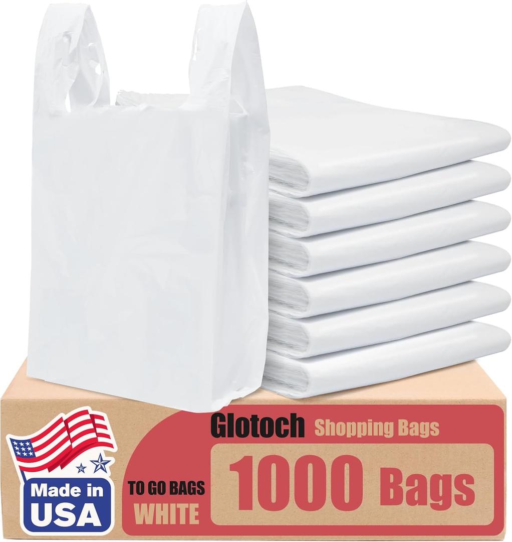 Glotoch 1000 Count-Plastic T-shirt Bags Plain White, 11.5" x 6.5" x 21" Grocery Bags with Handles for Restaurant, Retail, Grocery Store, Takeout, Convenience, Trash, Shopping Bag Small Business