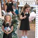 Summer Dress for Girls Doll Collar Short Sleeve A Line Swing Party Dresses with Pocket for Kids Aged 9-10 Years (Black)