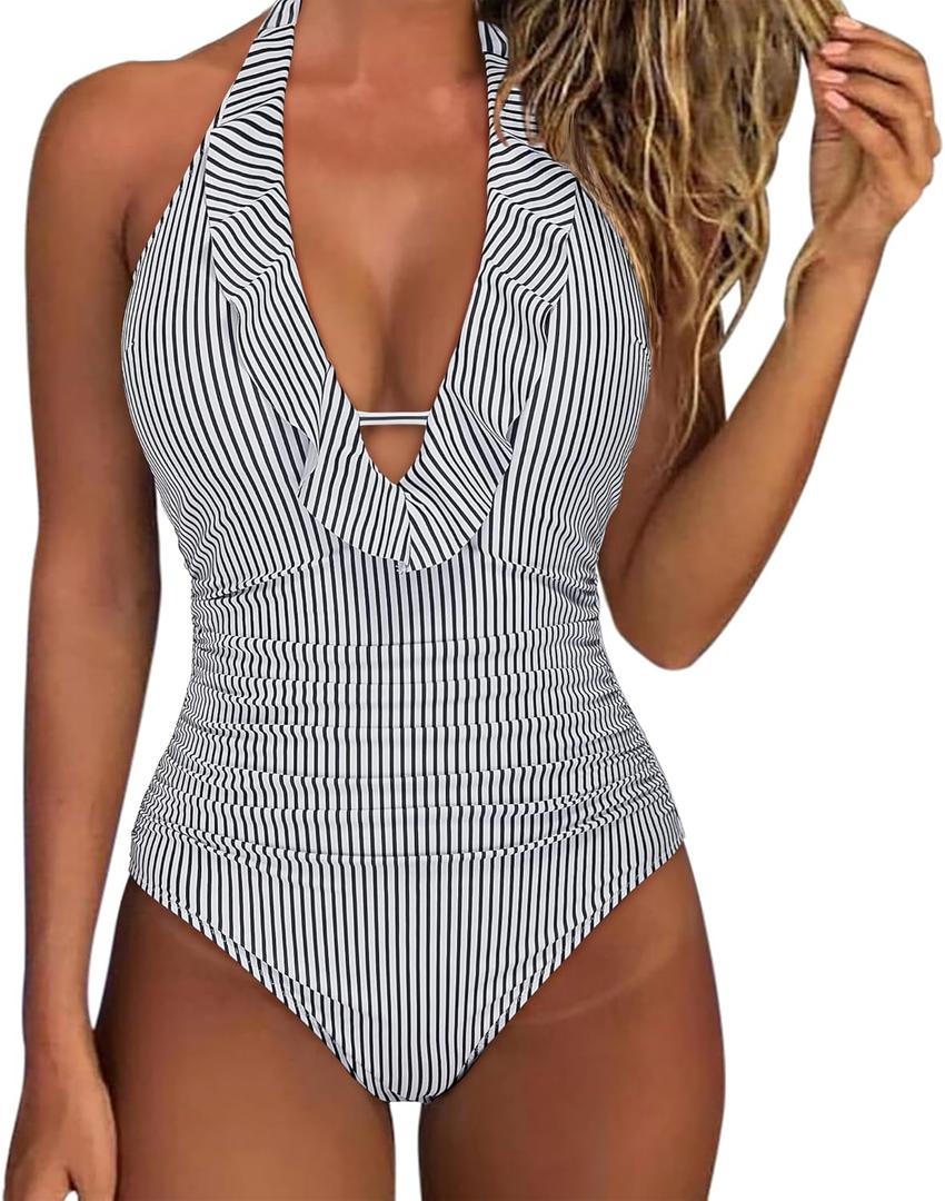 SUUKSESS Women Sexy Halter One Piece Swimsuits Ruffle Tummy Control Bathing Suit (#1 White Black Striped)