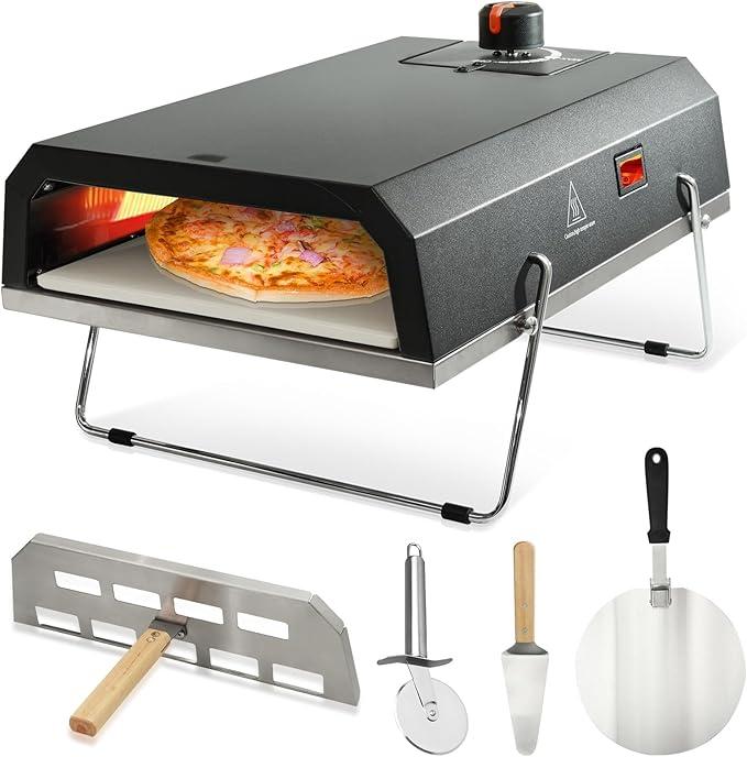 AJinTeby Outdoor Gas Pizza Oven, Portable Propane Pizza Maker with Stone Baffle Door Peel and Cutter Gas Cooker, Pizza Grilling Stove for Outdoor Indoor Kitchen, Black
