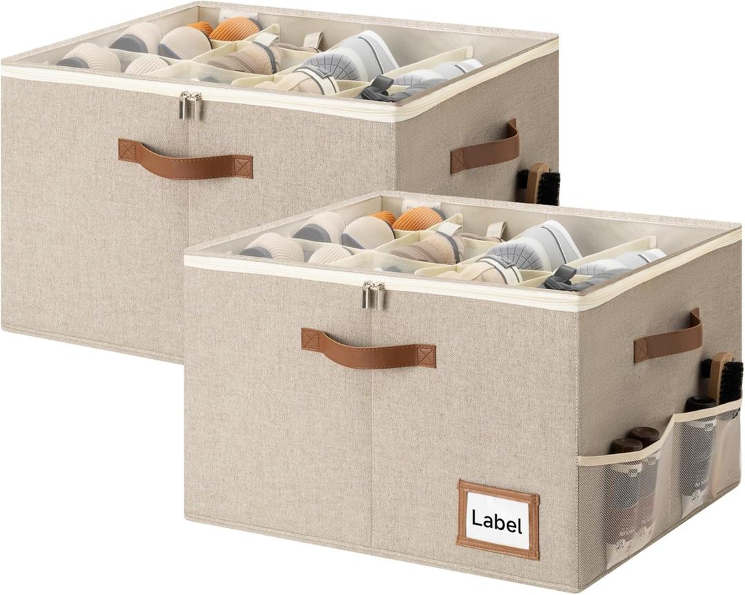 StorageWorks Shoe Organizer for Closet, 2 Pack Shoe Storage Cubes Holds Up to 16 Pairs, Space Saving Storage Boxes with Lid and Handles, Taupe