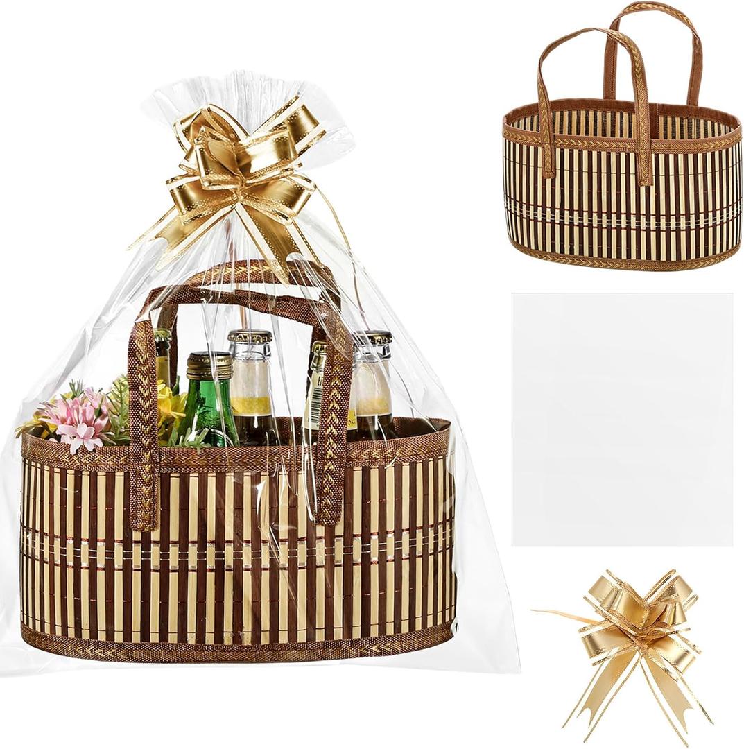 Reallnaive Baskets for Gifts Empty Sturdy Woven Bamboo Gift Basket with Gift Bags and Ribbons for Christmas Thanksgiving Birthday Mothers Day Housewarming Party Gift Wrapping, 12"x 8"x 6" (1 Set)