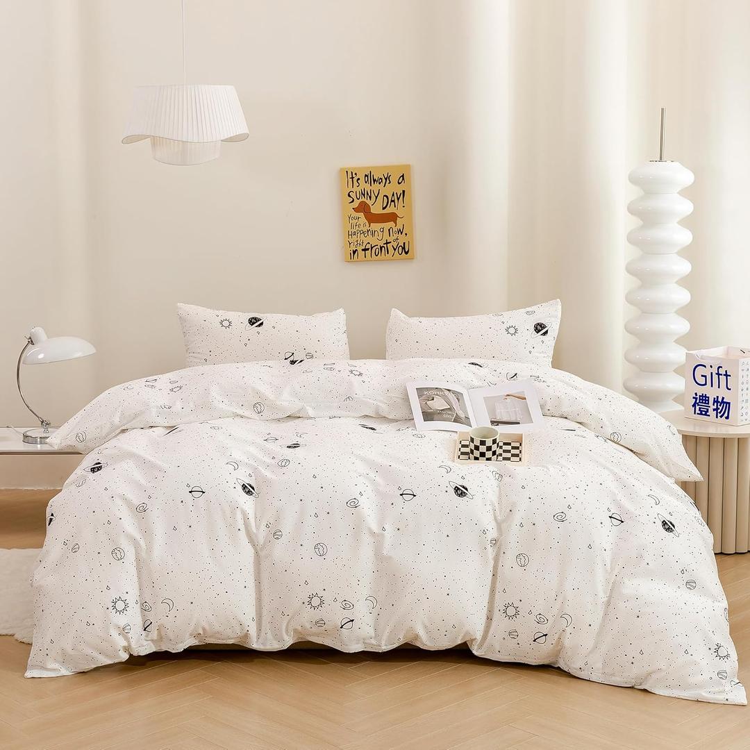 ECOCOTT Duvet Cover King, 3 Pieces 100% Natural Cotton 1 Duvet Cover +2 Pillowcases Bedding Set,Navy and Cosmic Constellation Reversible Printed Pattern Breathable and Durable Duvet Cover King Size