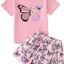 GLIGLITTR Girls Skirt Set Toddler Girl Cute Short Sleeve Butterfly T-Shirt Tops and Skirt 2 Piece Summer Outfit Clothes 6-7Y (Pink)