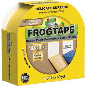 FrogTape Delicate Surface Painters Tape with PAINTBLOCK, 2 Inch Wide (1.88 In. x 60 Yds), Low Adhesion, Ideal for Freshly Painted Walls, Trim & Surfaces, Yellow, 1 Roll (280222)