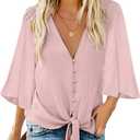 luvamia Women's Casual V Neck Tops 3/4 Sleeve Tie Knot Blouses Solid Button Down Shirts (Pink, M)