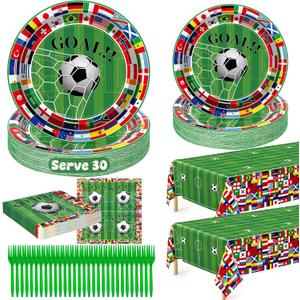 QZYL 122 Pcs 2026 World Soccer Party Decorations, Soccer Party Supplies Serve 30, Disposable Plates Napkins Tablecloth Forks, International World Flags Tableware Set for Sports Game Birthday Event