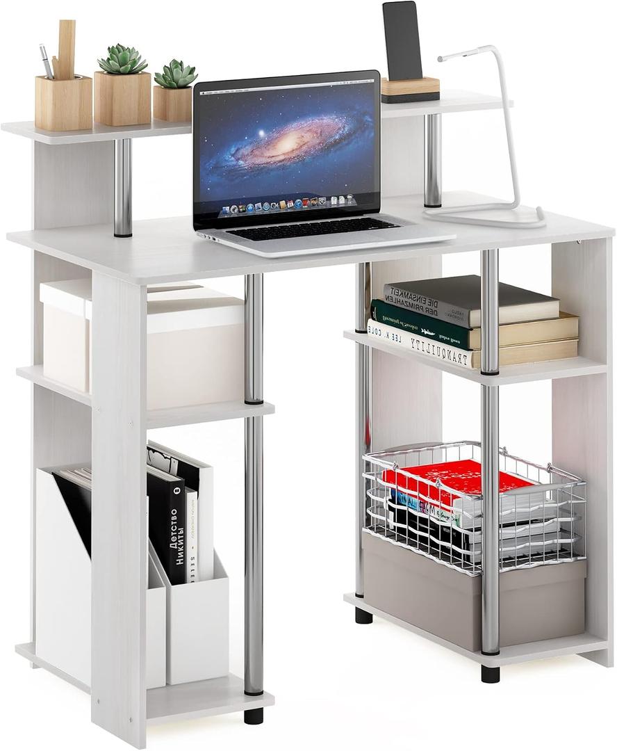 Furinno Jaya Simple Design Computer Writing Desk, White Oak/Stainless Steel, 35"W with Side Storage