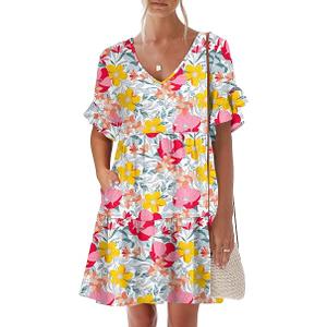 Caracilia Dresses for Women Summer Casual 2026 Ruffle Short Sleeve A Line Tiered Flowy Cute V Neck Mini Beach Dress Pockets Multicolour Floral X-Large