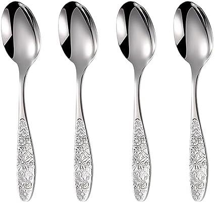 Ouliget Hammered Pattern Stainless Steel Bouillon Spoon,Embossed Pattern Flatware, Hammered Surface Dessert Spoons, 7 Inch, Set of 4.