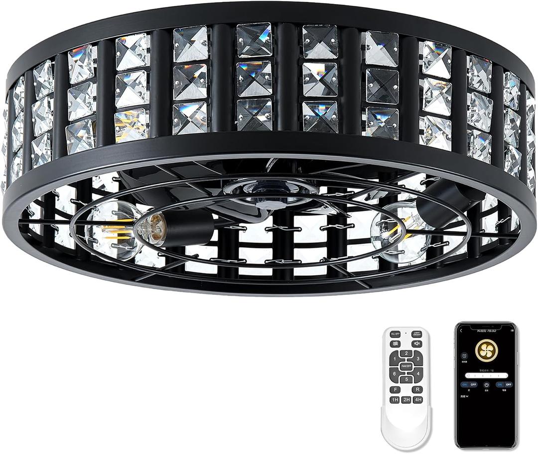 Fandelier Ceiling Fan With Light,20" Caged Ceiling Fan With Light,6 Speed Fandeliers With Lights And Remote,Crystal Fandelier Chandelier Ceiling Fans With Lights For Bedroom,Kitchen (Black)