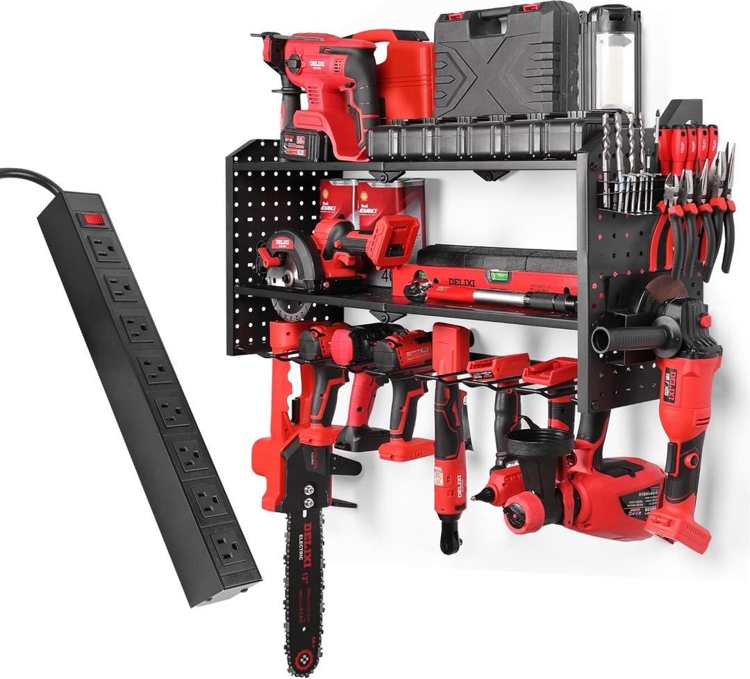 32" W Power Tool Storage Organizer Wall Mount with Charging Station Built in 8 Outlet Power Strip Large 8 Drill Holder Heavy Duty Power Tool Storage Rack Tool Shelf for Garage Organization Black