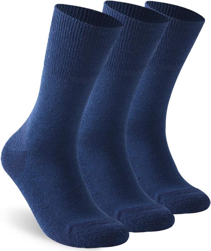 Facool Diabetic Socks for Men Women, Merino Wool Non-Binding Top Crew Socks with Cushion Sole, Seamless Toe 3 Pairs (X-Large, Navy Blue X 3)