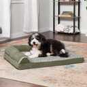 Furhaven Orthopedic Dog Bed for Large/Medium Dogs w/ Removable Bolsters & Washable Cover, For Dogs Up to 55 lbs - Two-Tone Plush Faux Fur & Suede L Shaped Chaise - Dark Sage, Large