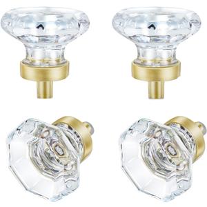 Clear Glass Crystal Cabinet Knobs Satin Brass, Gold Pulls and Knobs for Cabinet Dresser Drawer(4Pcs,Octagon) (4 Pieces)