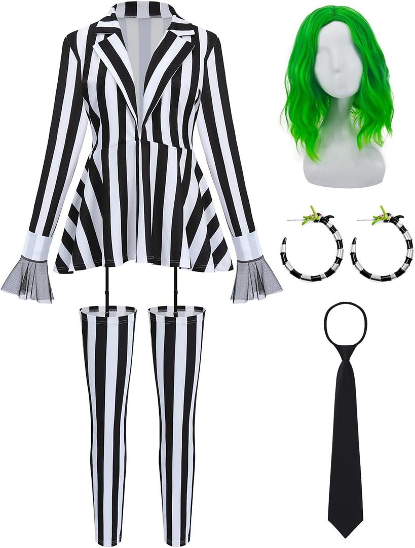 Women Black and White Striped Blazer with Legging Pants Tie Wig Earrings Halloween Costumes Cosplay Role Play Suit (Large)