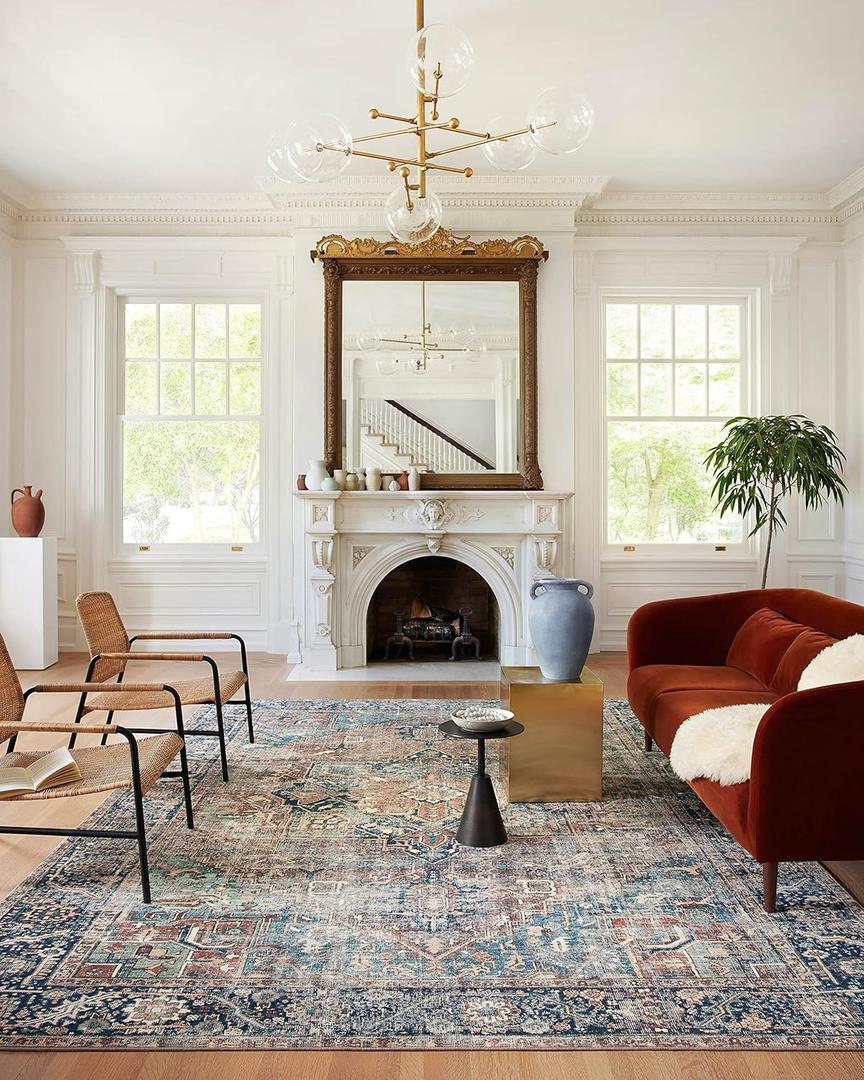 Loloi Margot Collection MAT-02 Terracotta/Lagoon 8'-6" x 11'-6" Area Rug, No-Shed Easy Clean Large Patterned Area Rug for Living Room, Bedroom, Dining Area