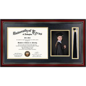 GraduationMall 11x22 Cherry Diploma Frame with Tassel Holder and Picture for 8.5x11 Certificate 5x7 Photo,Tempered Glass,Black over Gold Mat