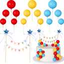 16 Pcs Happy Birthday Cake Topper Cake Bunting Topper Banner with Wood Pole Rainbow Garland with Bow Ribbon Balloon Cupcake Decor for Birthday Baby Shower (Lake Blue,Yellow,Red)