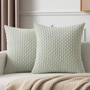 Kevin Textile 2 Packs Light Green Decorative Throw Pillow Covers 18x18 Inch for Living Room Couch Bed Spring Sofa Soft Striped Corduroy Square Cushion Case 45x45 cm Rustic Farmhouse Boho Home Decor