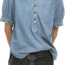 Locachy Women's Half Button Mock Neck Denim Shirt Casual Puff Short Sleeve Denim Blouse Top (Blue, L)